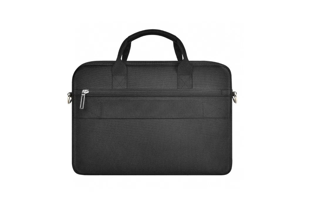 Black Oxford cloth laptop backpack with multiple pockets and a lock, shown in 14-inch and 15.6-inch sizes.