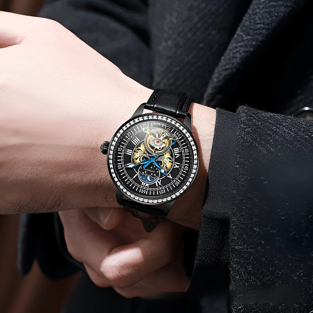 Men's waterproof mechanical watch with stainless steel strap and round dial showing six colour options