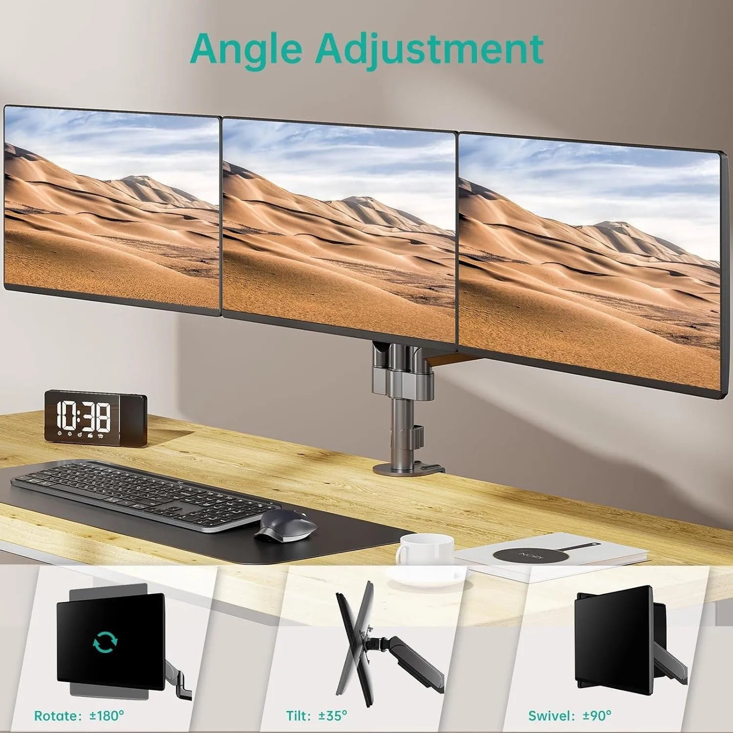 Black three-arm gas spring computer monitor arm for 13 to 27 inch screens with aluminium alloy construction