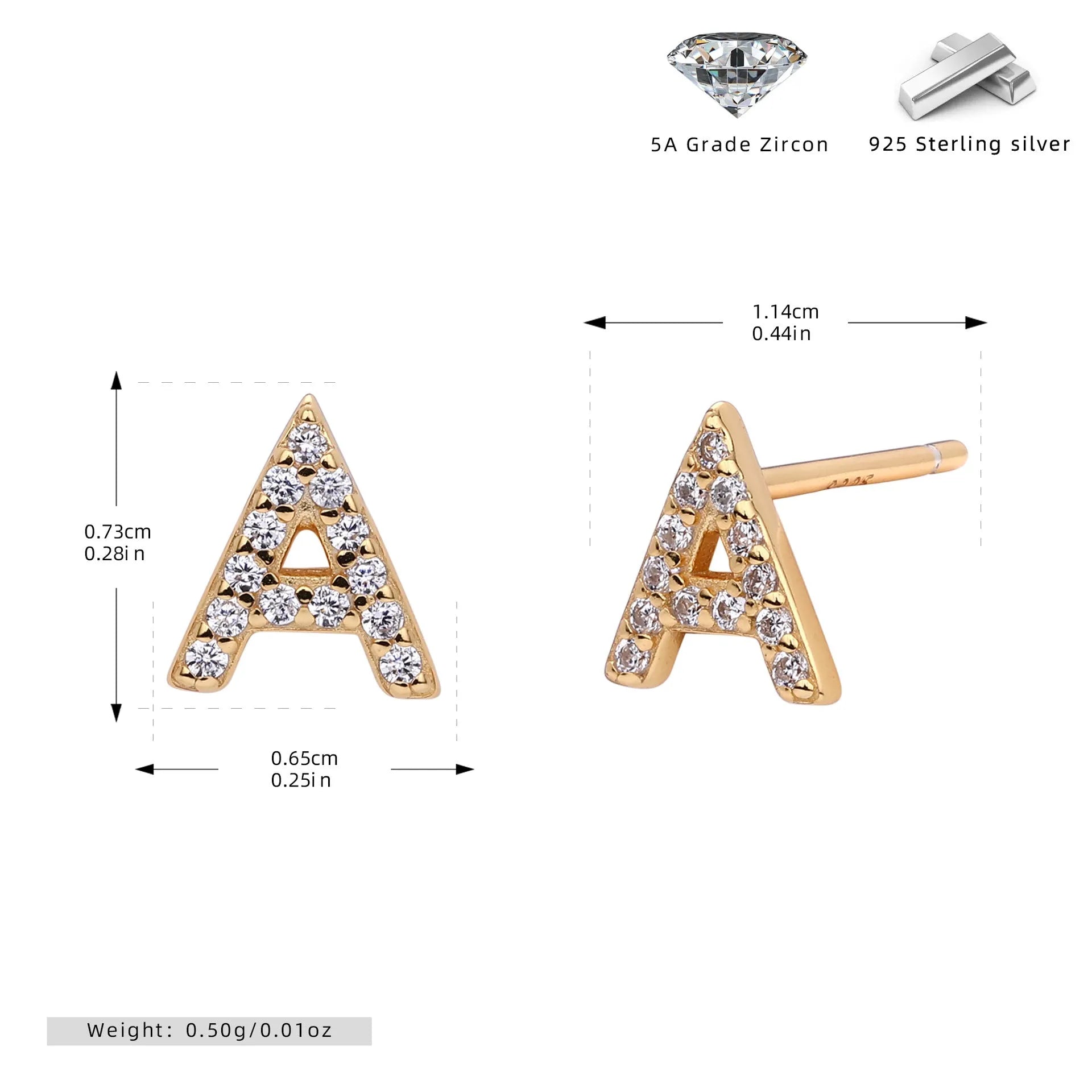 925 silver letter ear stud with electroplated gold finish, alphabet motif