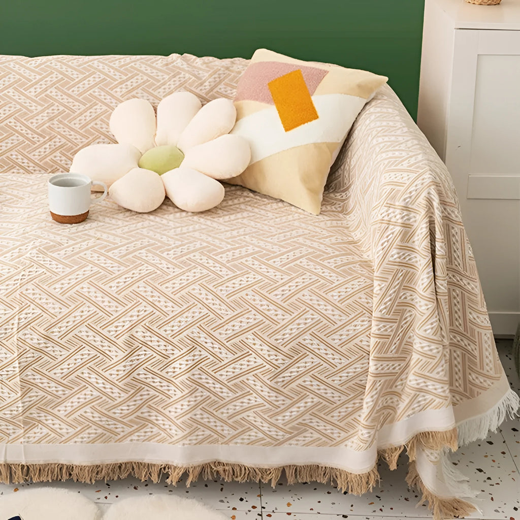 Solid colour polyester chenille sofa cover in khaki white plaid pattern, Nordic simple style, 180x180cm size