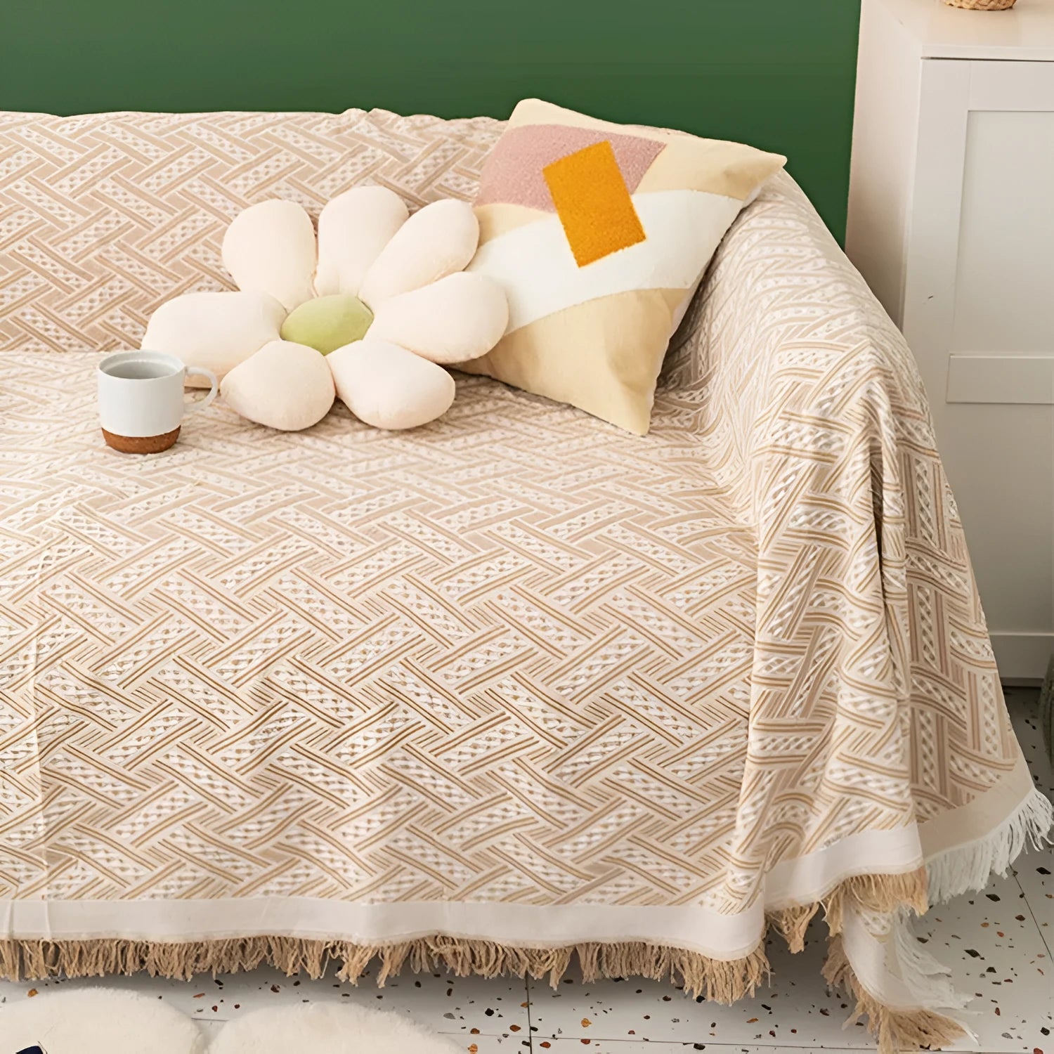 Solid colour polyester chenille sofa cover in khaki white plaid pattern, Nordic simple style, 180x180cm size