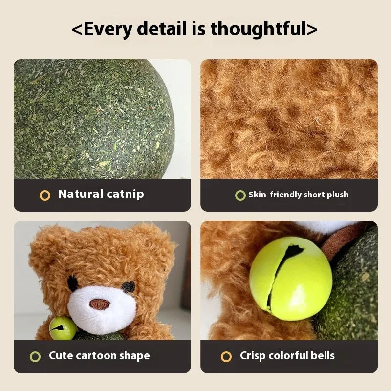 Plush catnip ball toy with bell in animal character design for cats