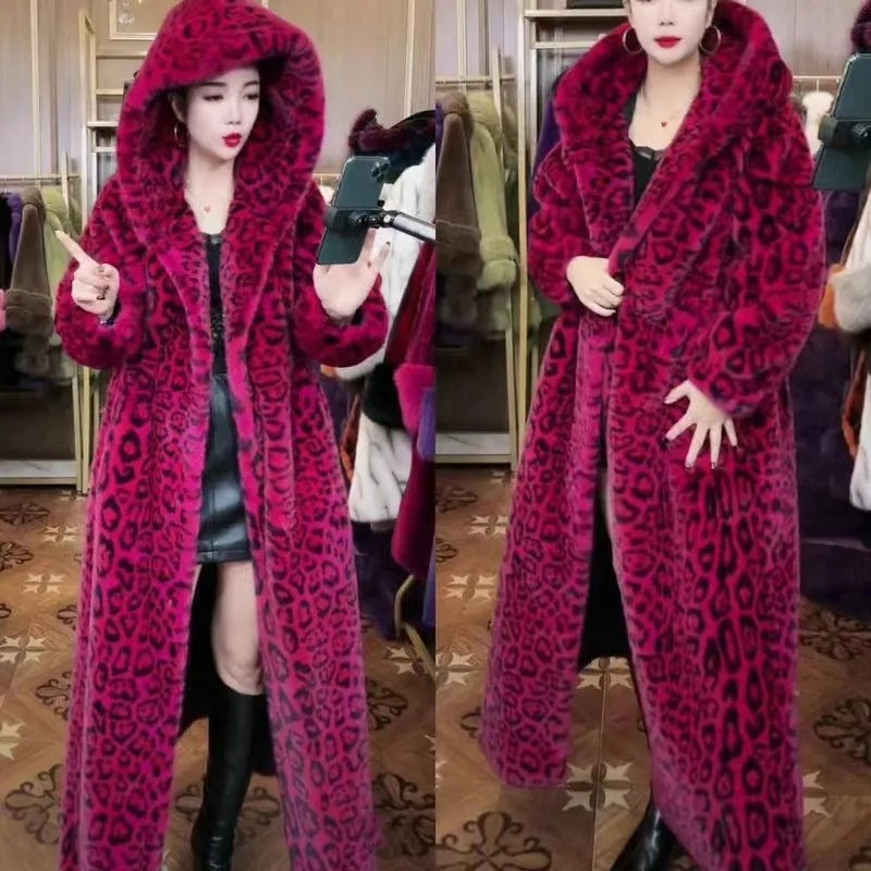 Women's loose plus size long faux fur coat in leopard print with 100cm length