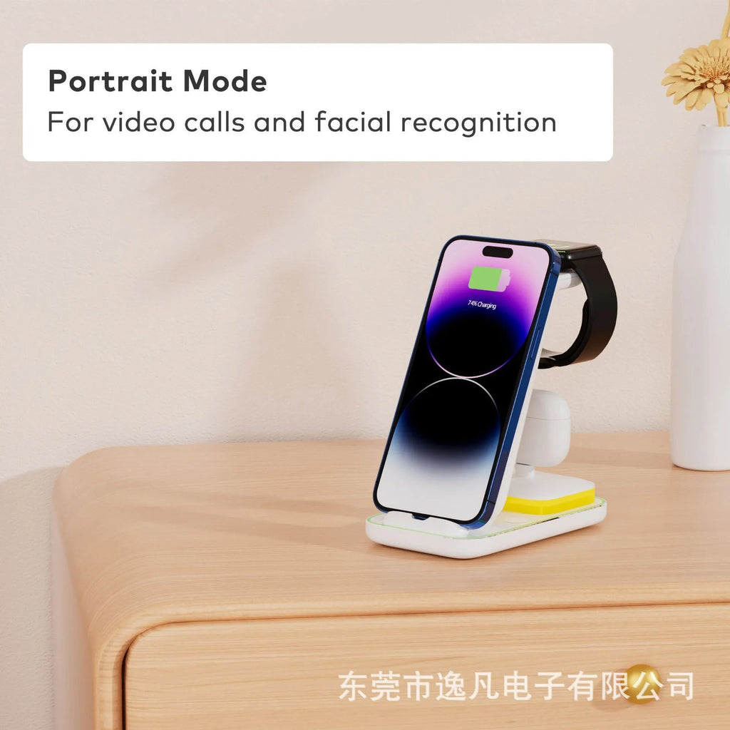 Black vertical wireless charging stand with phone, smartwatch and earbuds charging simultaneously