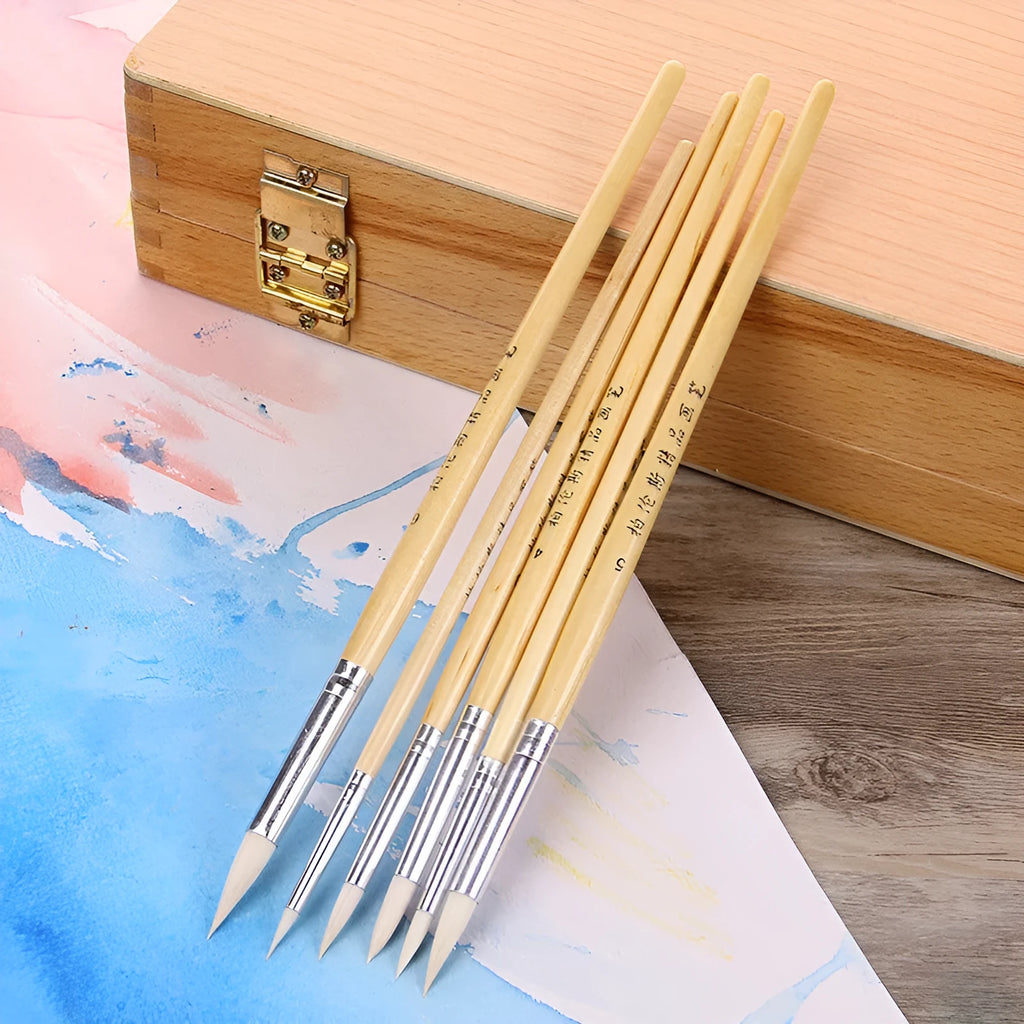 Wooden hook line pen brush six-piece set with artistic wool pointed design in conventional colours