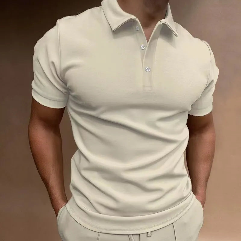 Men's button-up t-shirt in cotton blend fabric showing loose fit and short sleeves