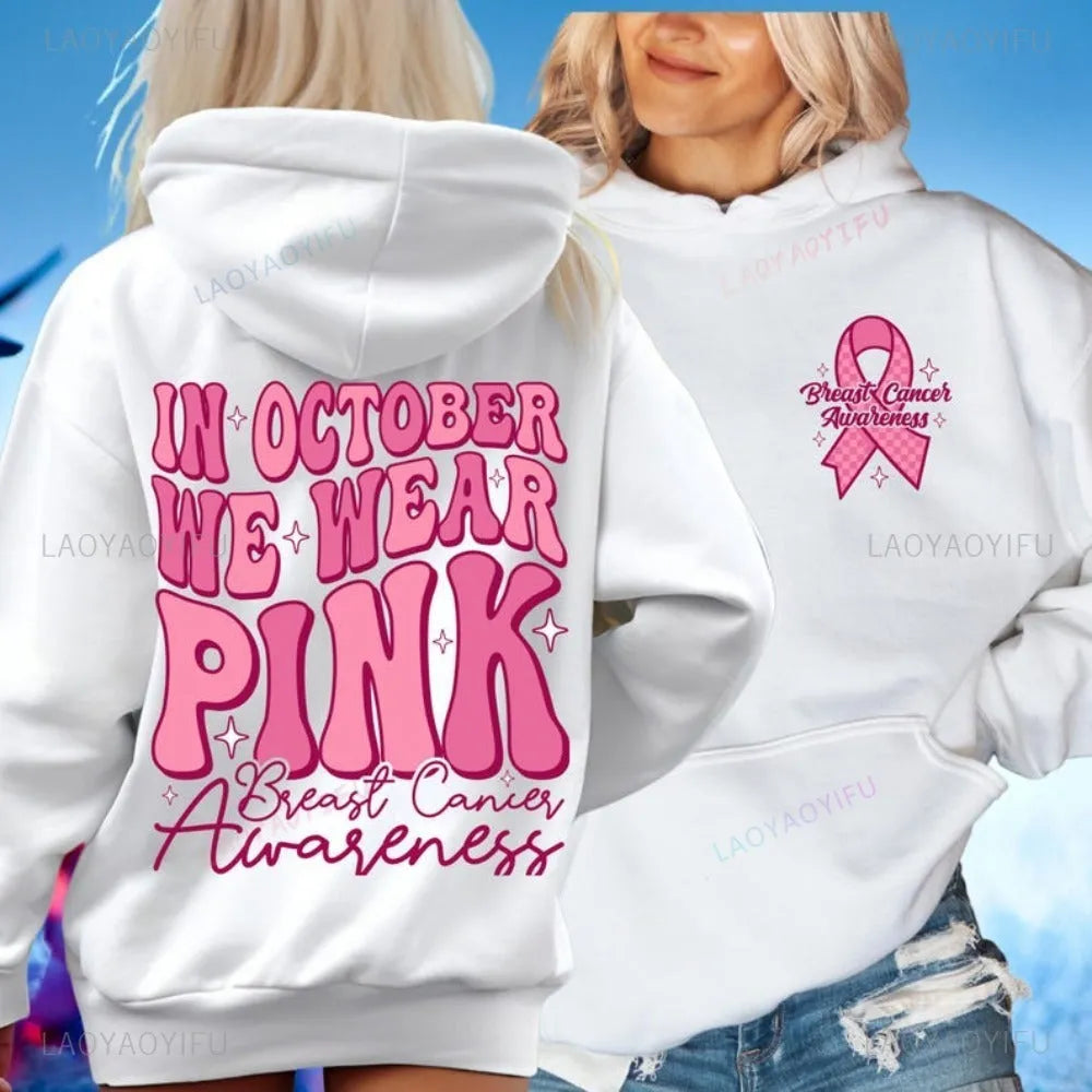 Breast Cancer Awareness hoodie with retro hot stamp design and side seam pocket in selected colour.