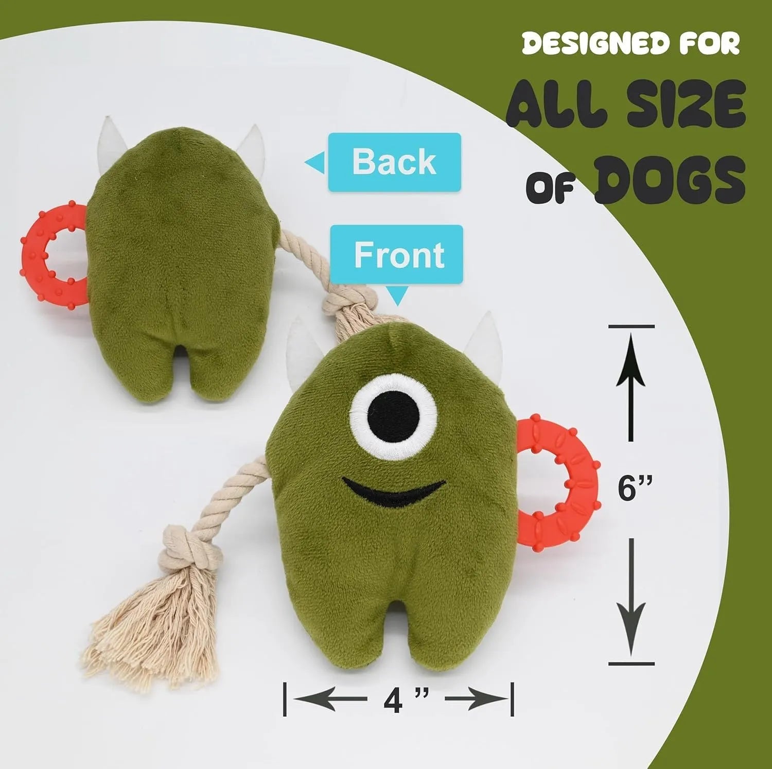 Blue and green stuffed plush dog toy with integrated cotton rope and squeaker for chew and tug play.