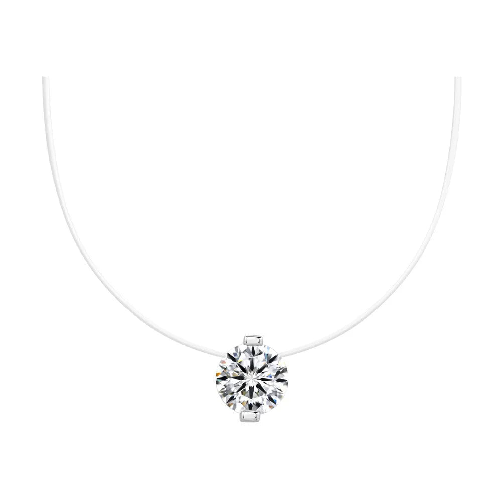 Women's sterling silver plum blossom necklace with a blue green moissanite stone on an invisible fishing line chain.