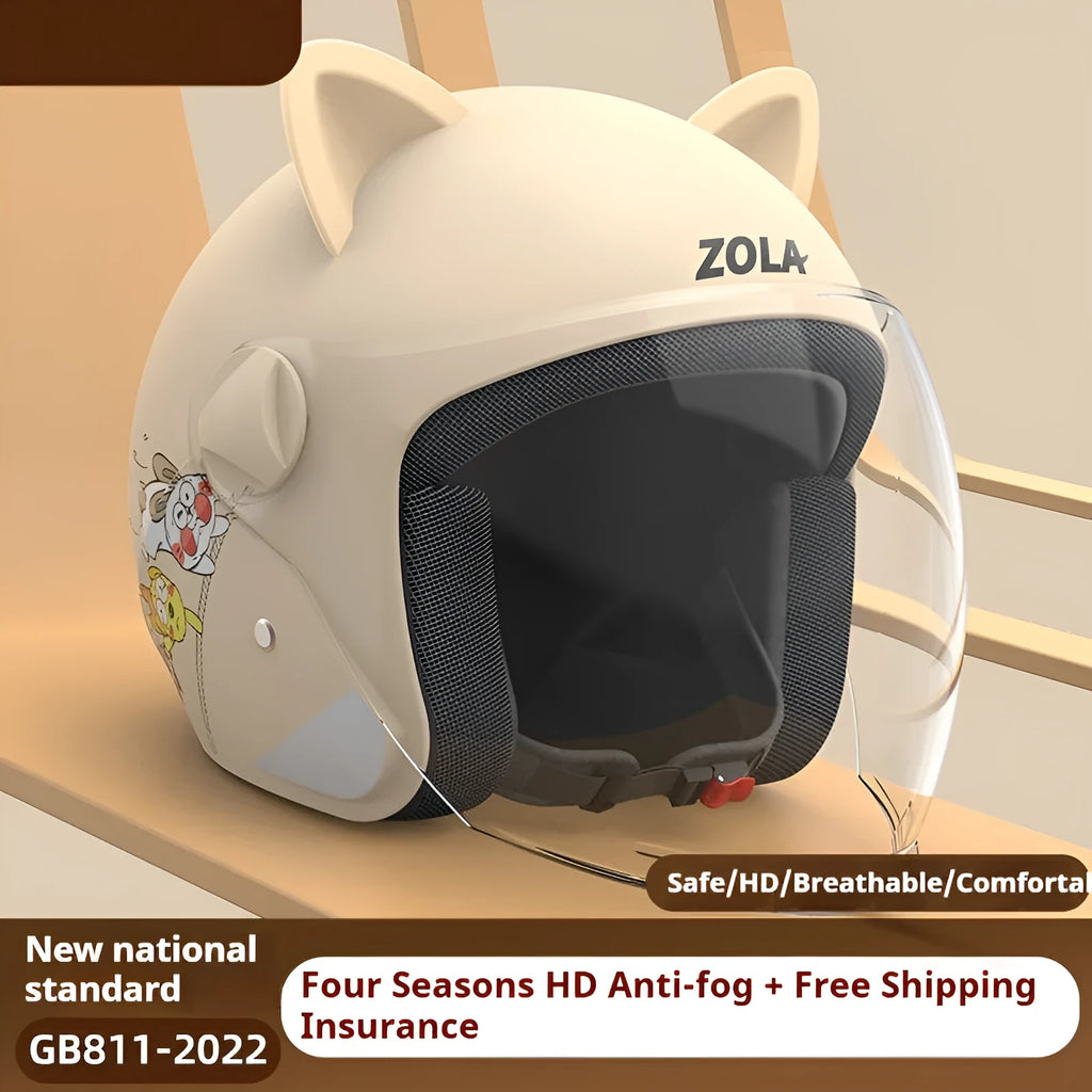 Winter electric bicycle helmet with anti-fog visor and attached detachable scarf in blue colour.