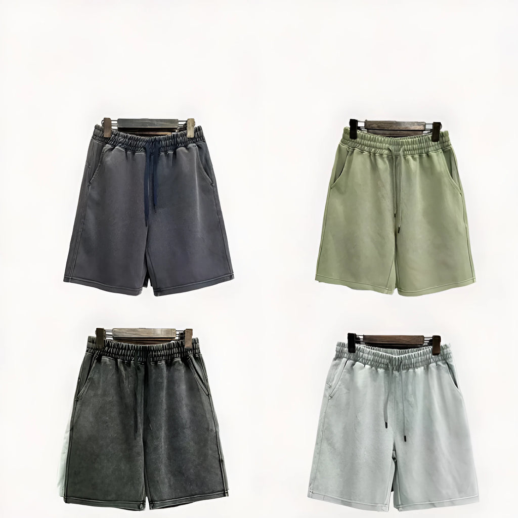 Men's cotton distressed shorts in straight leg style with fifth pants length