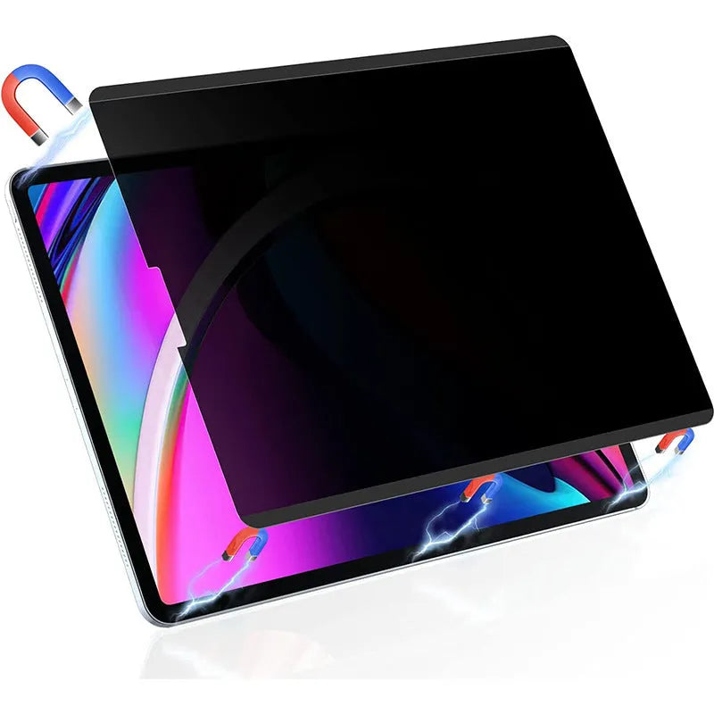 Magnetic iPad privacy screen protector with storage clip shown next to iPad tablet