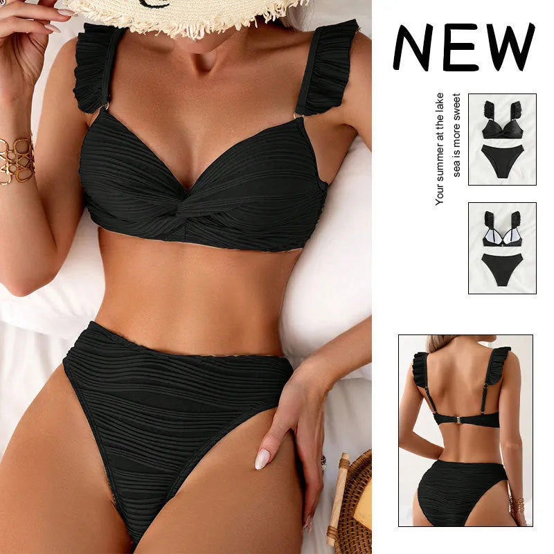 Women's solid colour bikini swimsuit set in black or khaki options