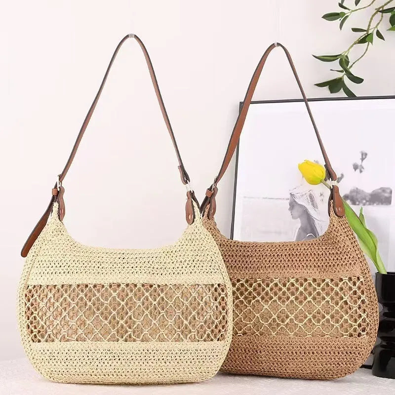 Women's casual straw cross body bag with sandwich pocket in khaki colour