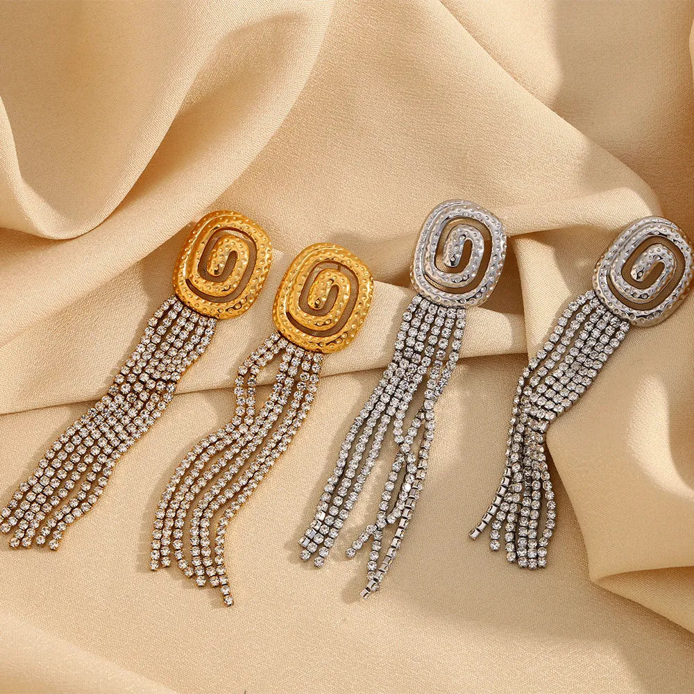 Full rhinestone tassel stud earrings in gold colour made from stainless steel with electroplated finish