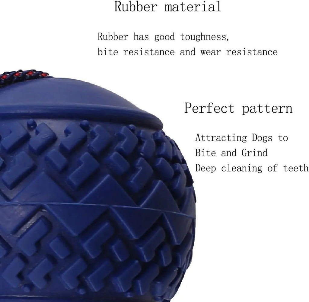 Blue natural rubber dog ball with rope toy showing textured surface, sized for medium and small dog breeds