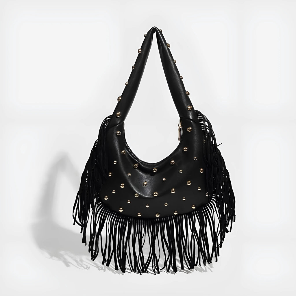 Retro personalised tassel shoulder handbag in black or wine red with mobile phone compartment