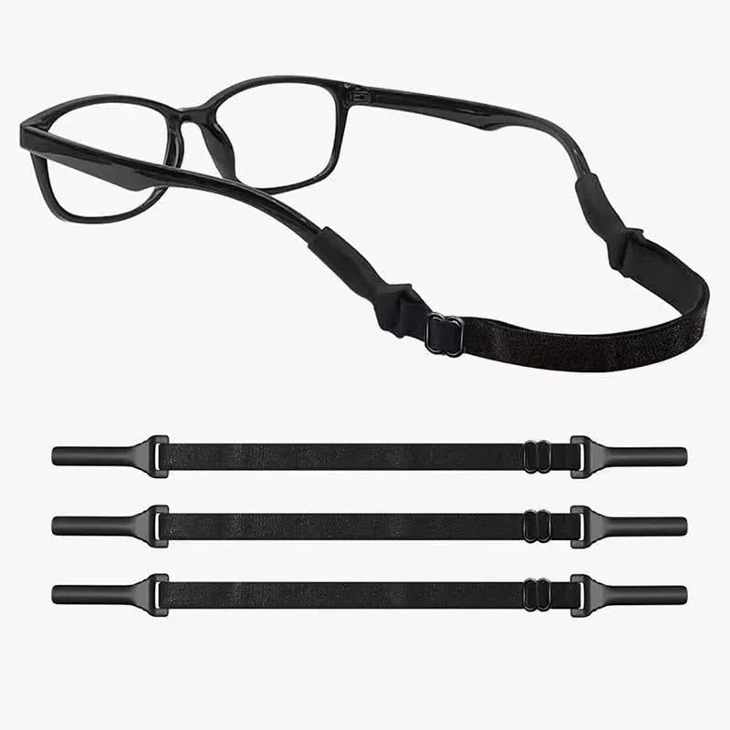 Black adjustable glasses cord with silicone earpiece clips shown on spectacles