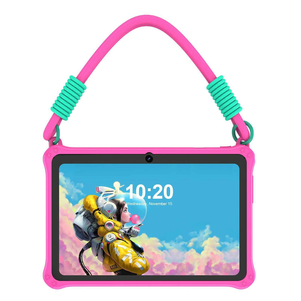 Blue silicone protective case with strap for a 7-inch children's tablet, shown alongside accessories.