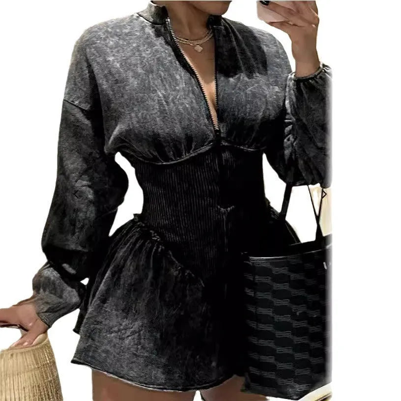 Grey digital print dress with drawstring waist and slim-fit A-line silhouette