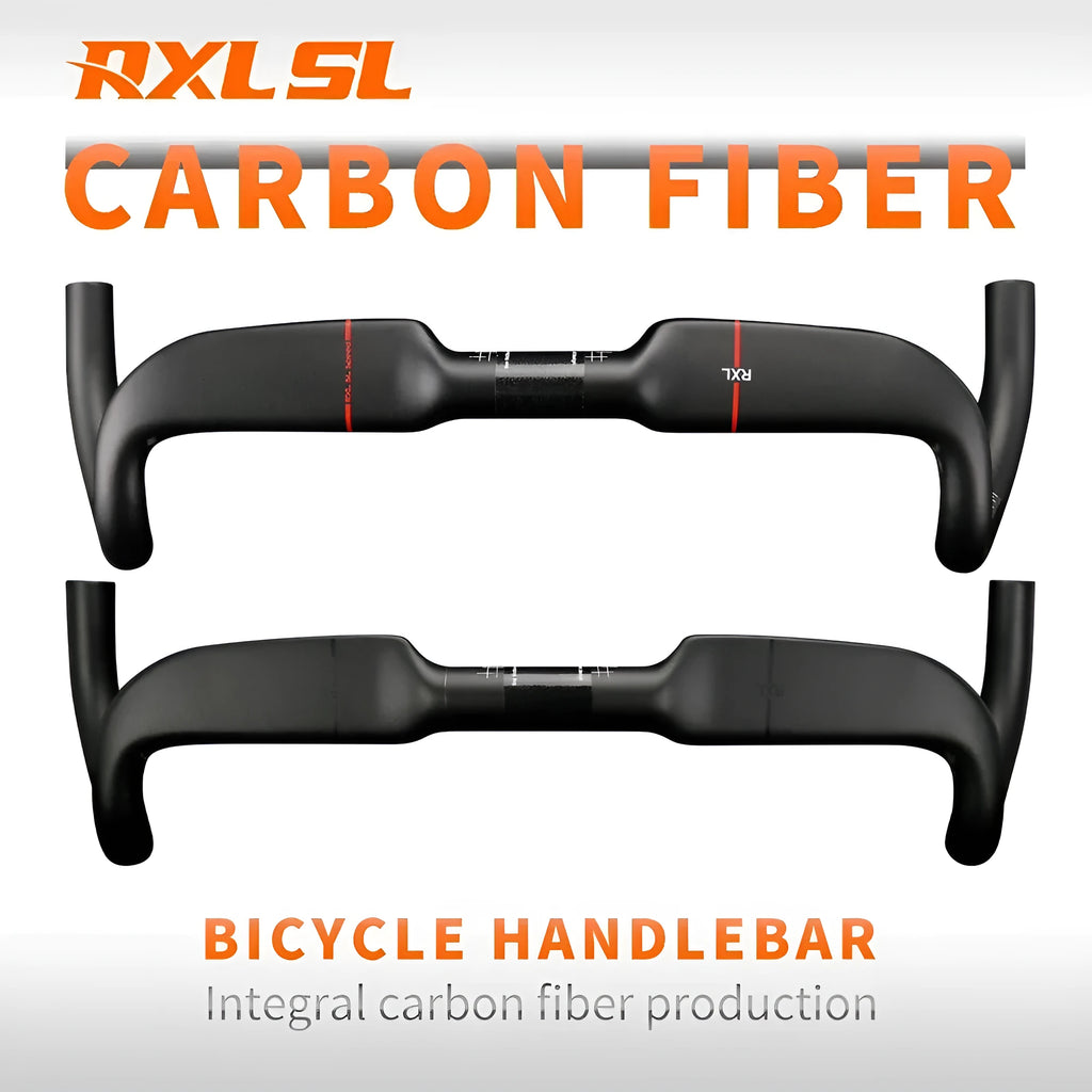 Carbon fibre road bike handle bar in black with double line design, shown from above.