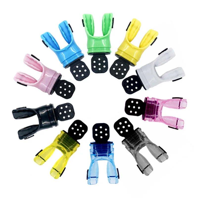 Plastic-free diving mouthpiece in edible silicone showing colour options including transparent and solid colours