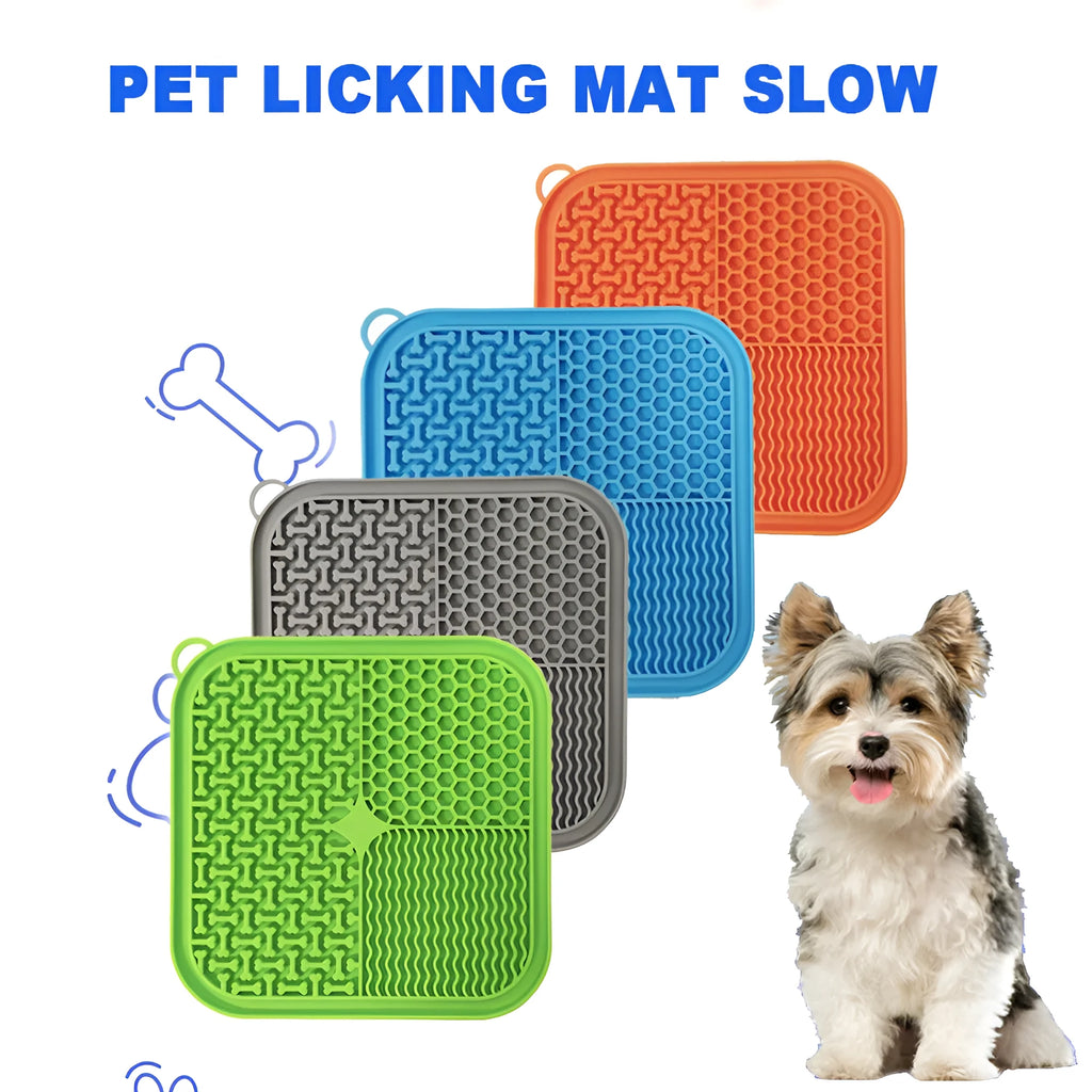 Orange and grey silicone dog lick mat with textured surface and suction cups on reverse side