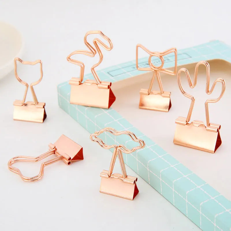 Gold metal office clip with long tail in decorative shape such as flamingo, love, cloud, cat, cactus, or bow design