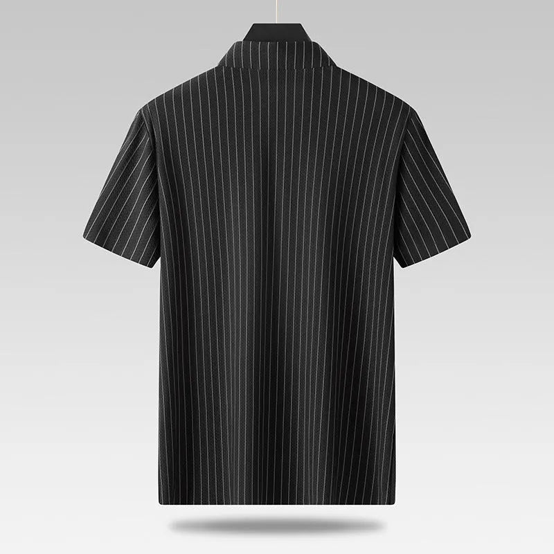 Man wearing a plus size loose fit black striped cardigan shirt with a square collar.