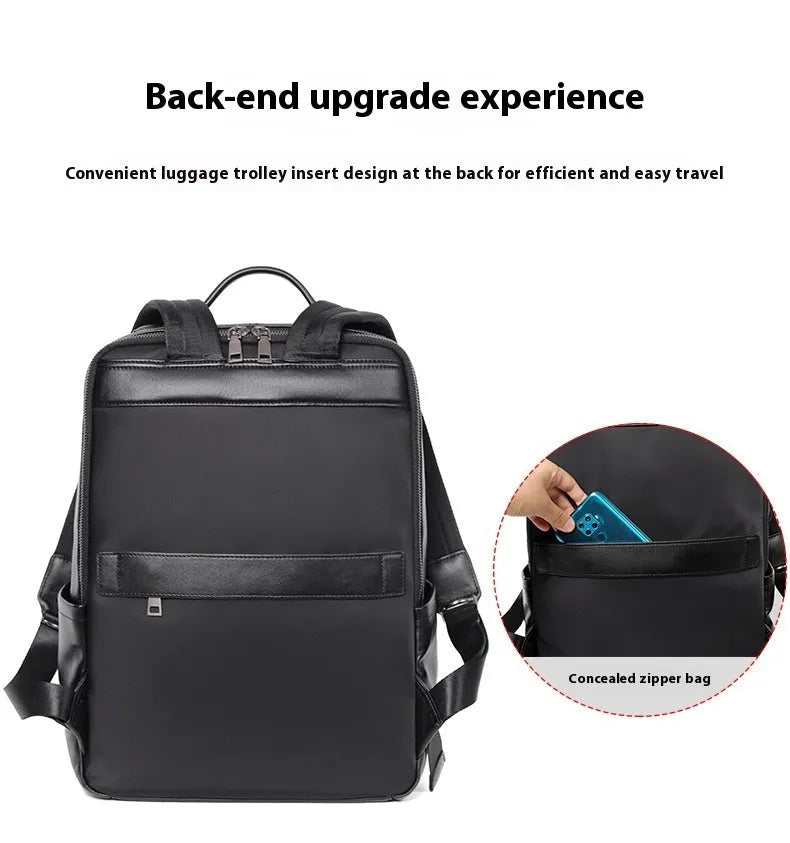 Men's black leather computer backpack with woven detailing and substantial 36-55 litre capacity