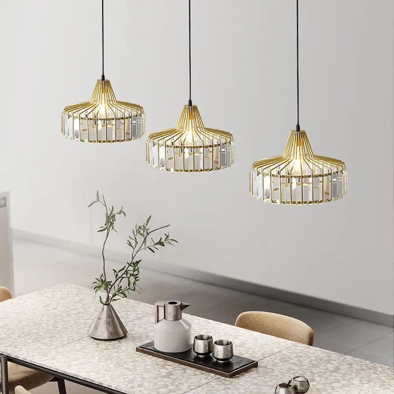 Modern crystal ceiling pendant lamp with LED light source in black or gold finish