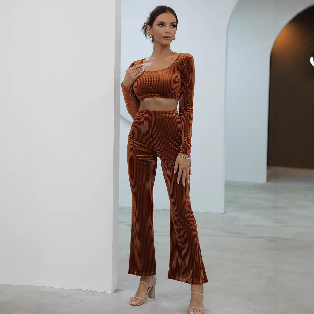 Caramel coloured long sleeve sweater and matching trousers casual set on hanger