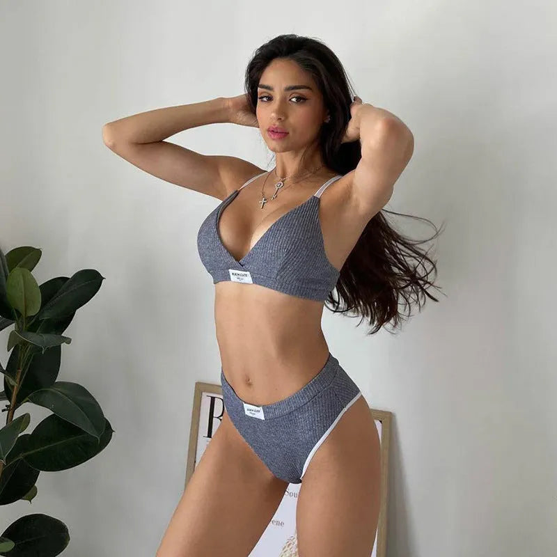Women's grey embroidery bikini set with black contrast binding, sleeveless top and shorts