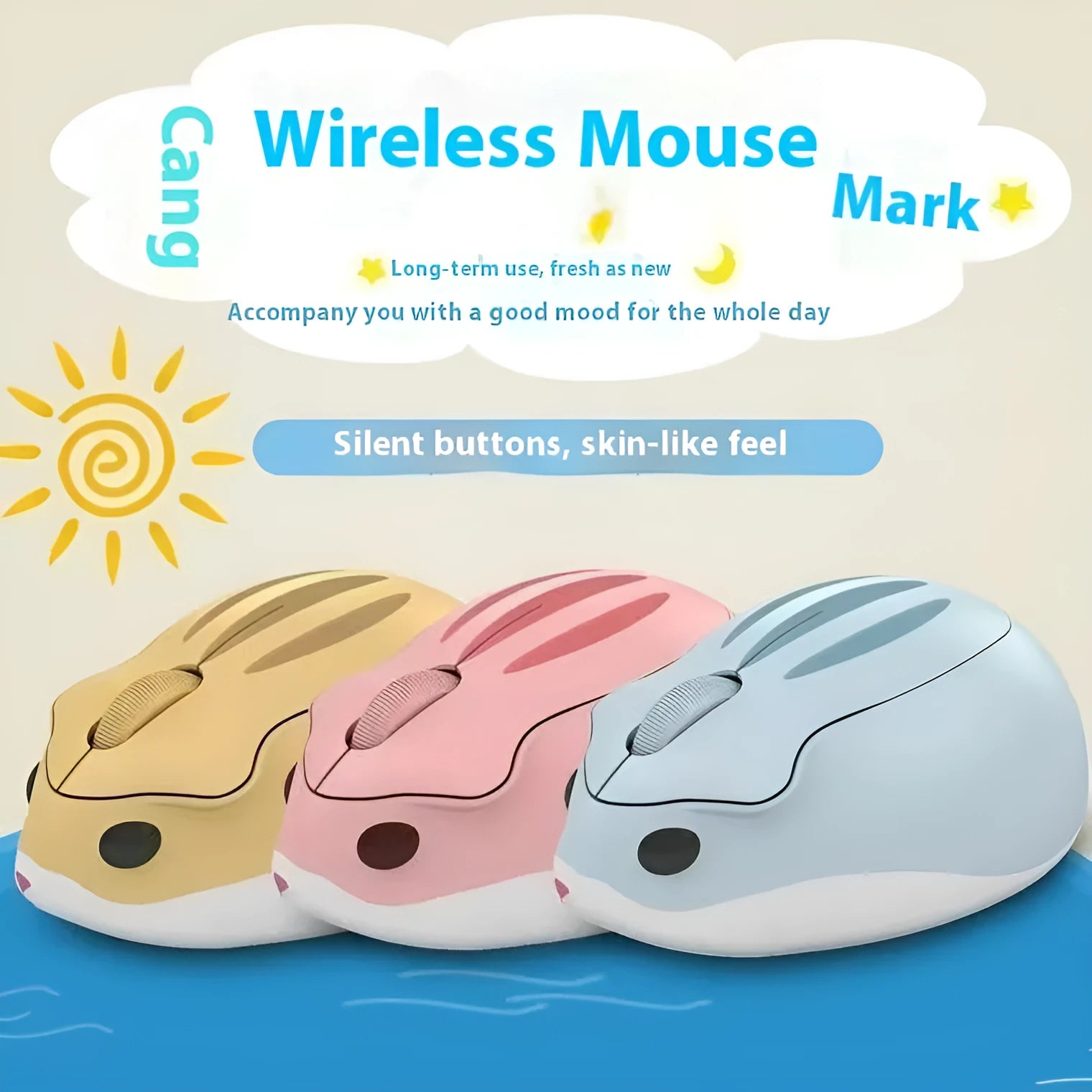 Hamster Wireless Mute Mouse in yellow, pink, and gray colour options, showing its compact size.
