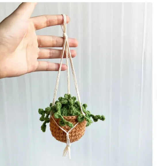 Green and white knitted wool succulent car ornament with 8cm base and hanging cord