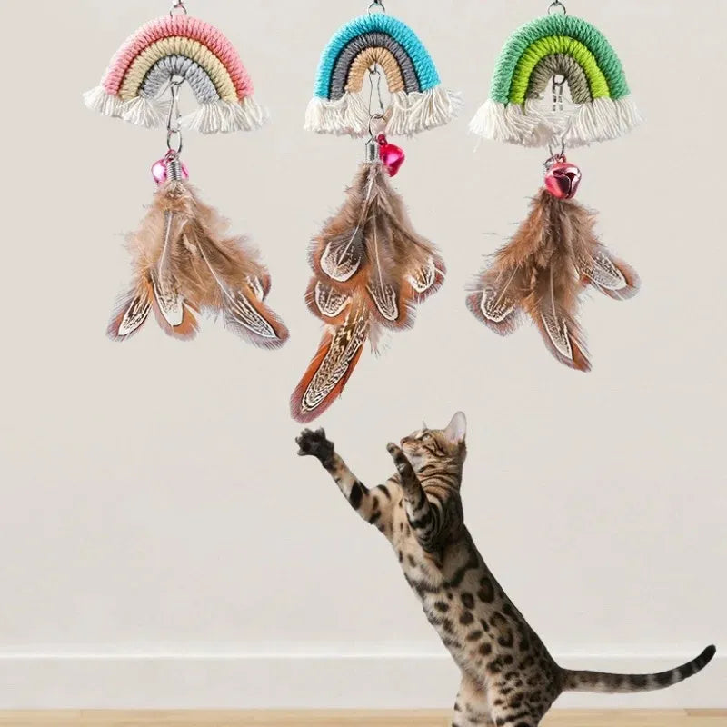 Feather cat rope door hanging toy with elastic swing and sticky buckle clamp in rainbow colours
