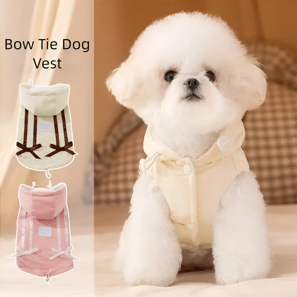 Winter fleece cat clothes with bow in pink, padded down jacket for small dogs and kittens