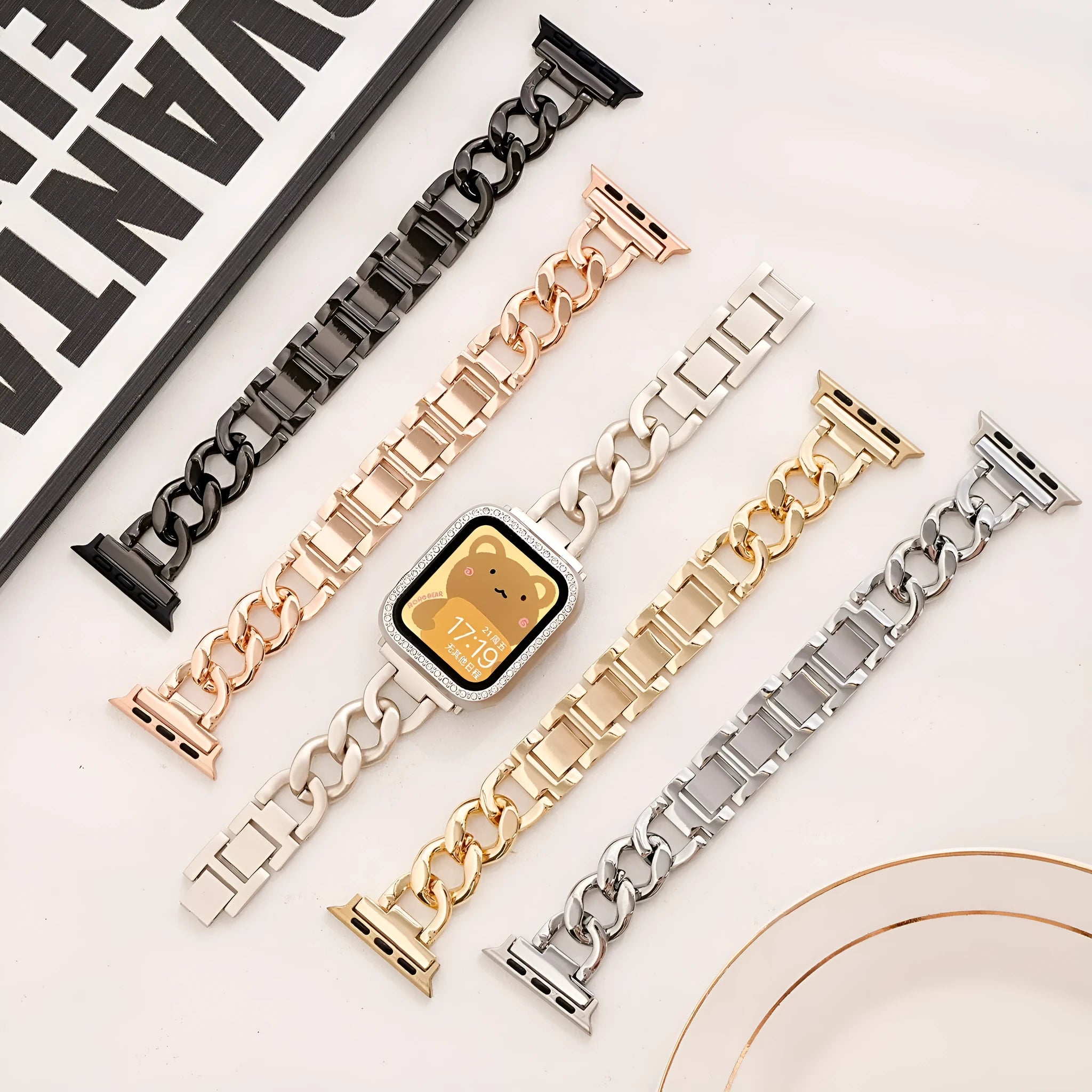 Denim chain metal Apple watch strap in silver black gold rose gold starlight colours