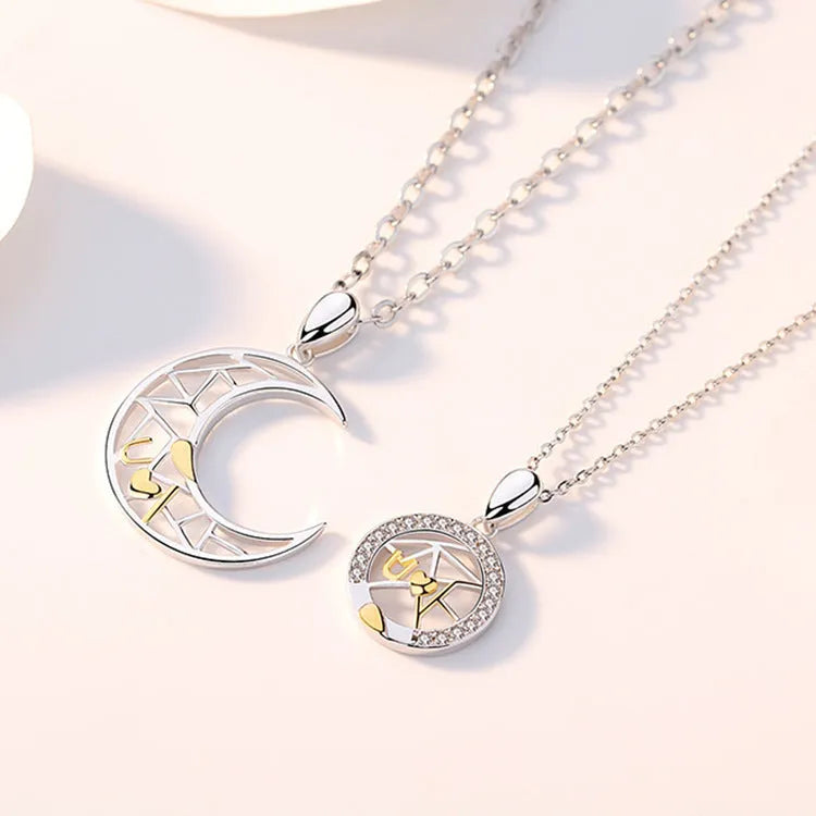 Sun and moon couple necklace with electroplated copper pendants on cross chain