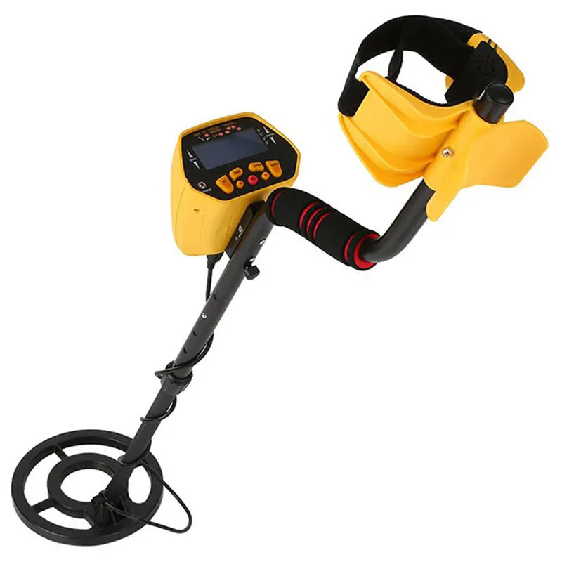 GC1028 black and yellow professional metal detector with LCD screen and adjustable pole.