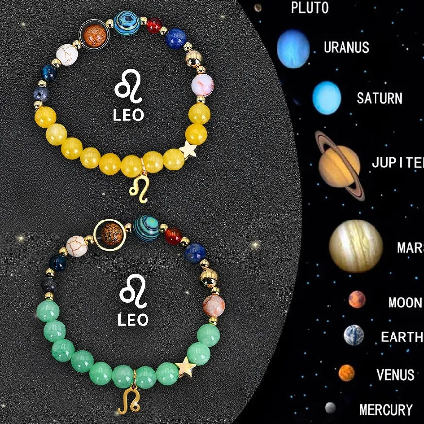 Natural stone beaded zodiac bracelet set showing two bracelets with all twelve astrological signs
