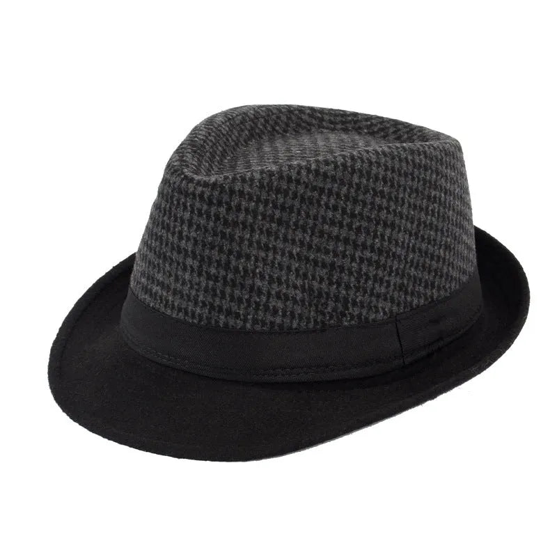 Men's wool felt top hat in black big grid, 58cm, side view