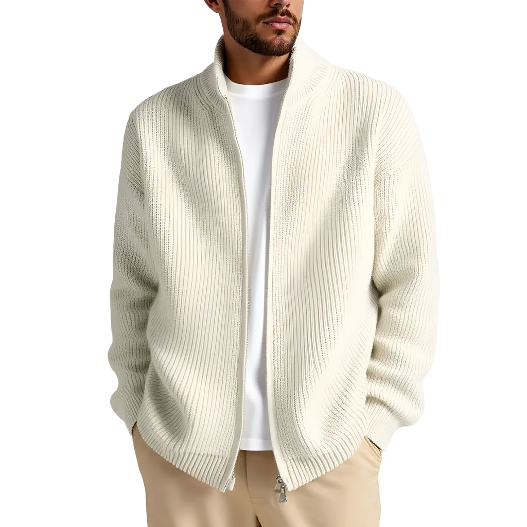 Men's loose fit cardigan sweater coat in acrylic blend fabric, shown in grey colour