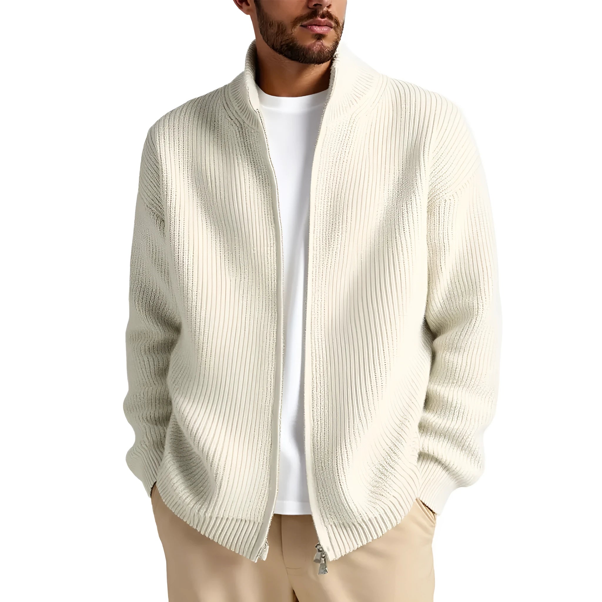 Men's loose fit cardigan sweater coat in acrylic blend fabric, shown in grey colour
