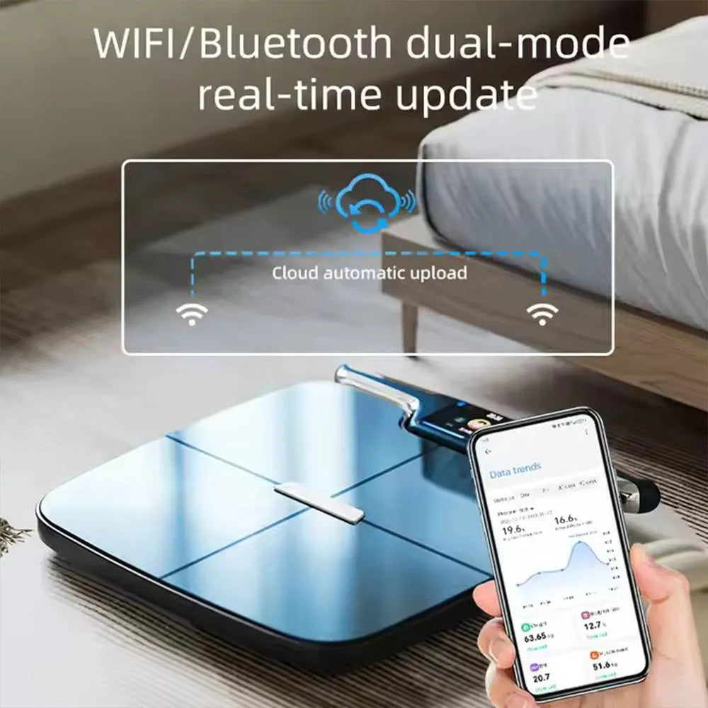 Black eight-electrode intelligent body fat scale on a floor