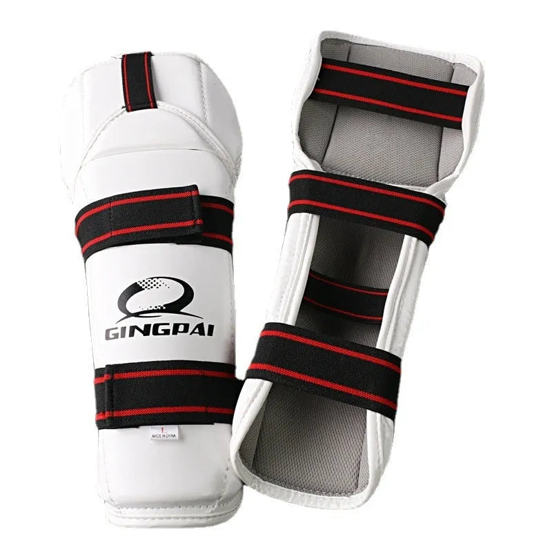 Taekwondo protective gear set showing arm guards, elbow arm guards, and leg protectors in PU EVA foam.