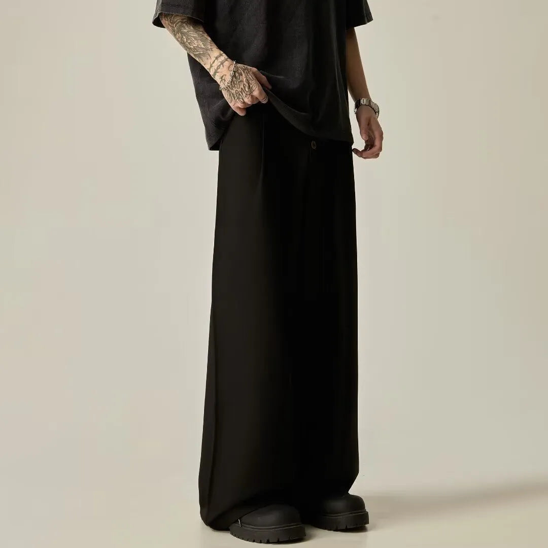 Men's black vertical tube wide-leg casual trousers with button fly and mid-waist design