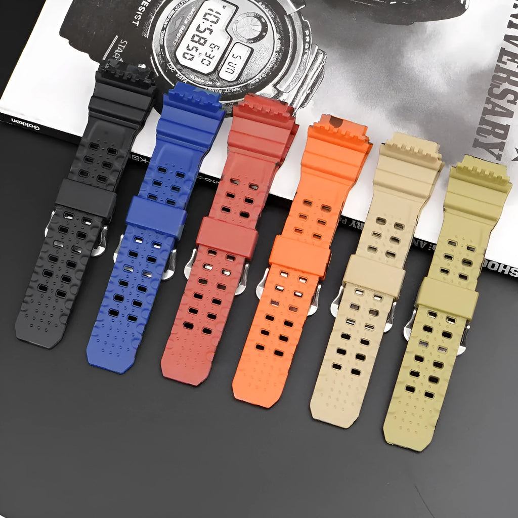 Camouflage patterned TPU watch strap with silver buckle, shown alongside other colour variants including frosted and matte finishes.