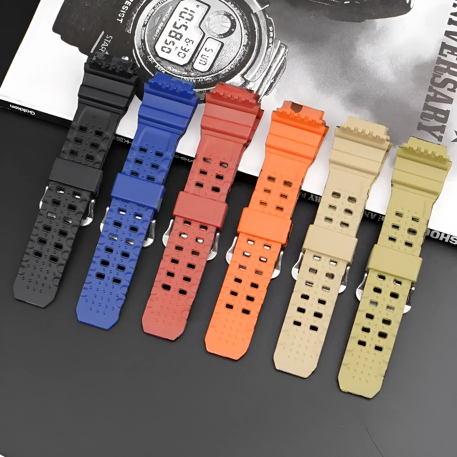Camouflage patterned TPU watch strap with silver buckle, shown alongside other colour variants including frosted and matte finishes.